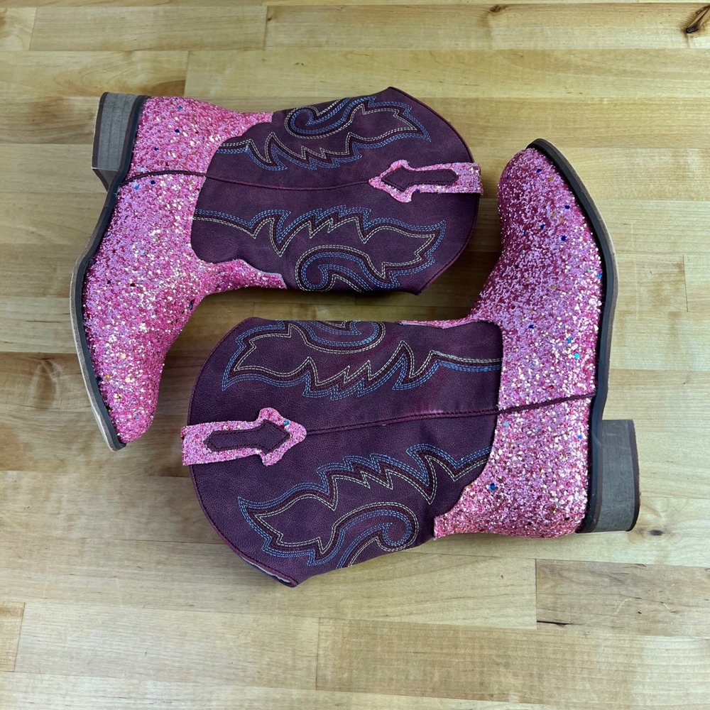 Cowboy Boots Pink Glitter Western Kids Size 5 Embroidered Cowgirl Unbranded - Picture 6 of 9